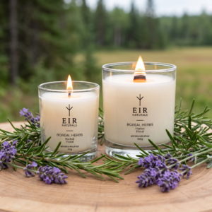 Velas aromáticas Boreal Herbs da EIR Naturals, 50g e 190g acesas entre ramos de alecrim e lavanda em floresta boreal